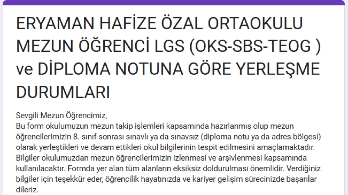MEZUN ÖĞRENCİ LGS (OKS-SBS-TEOG ) ve DİPLOMA NOTUNA GÖRE YERLEŞME DURUMLARI
